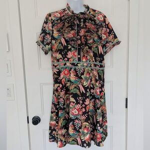 Dalia MacPhee Floral Dress XL Pleated Tie Neck Boho Romantic